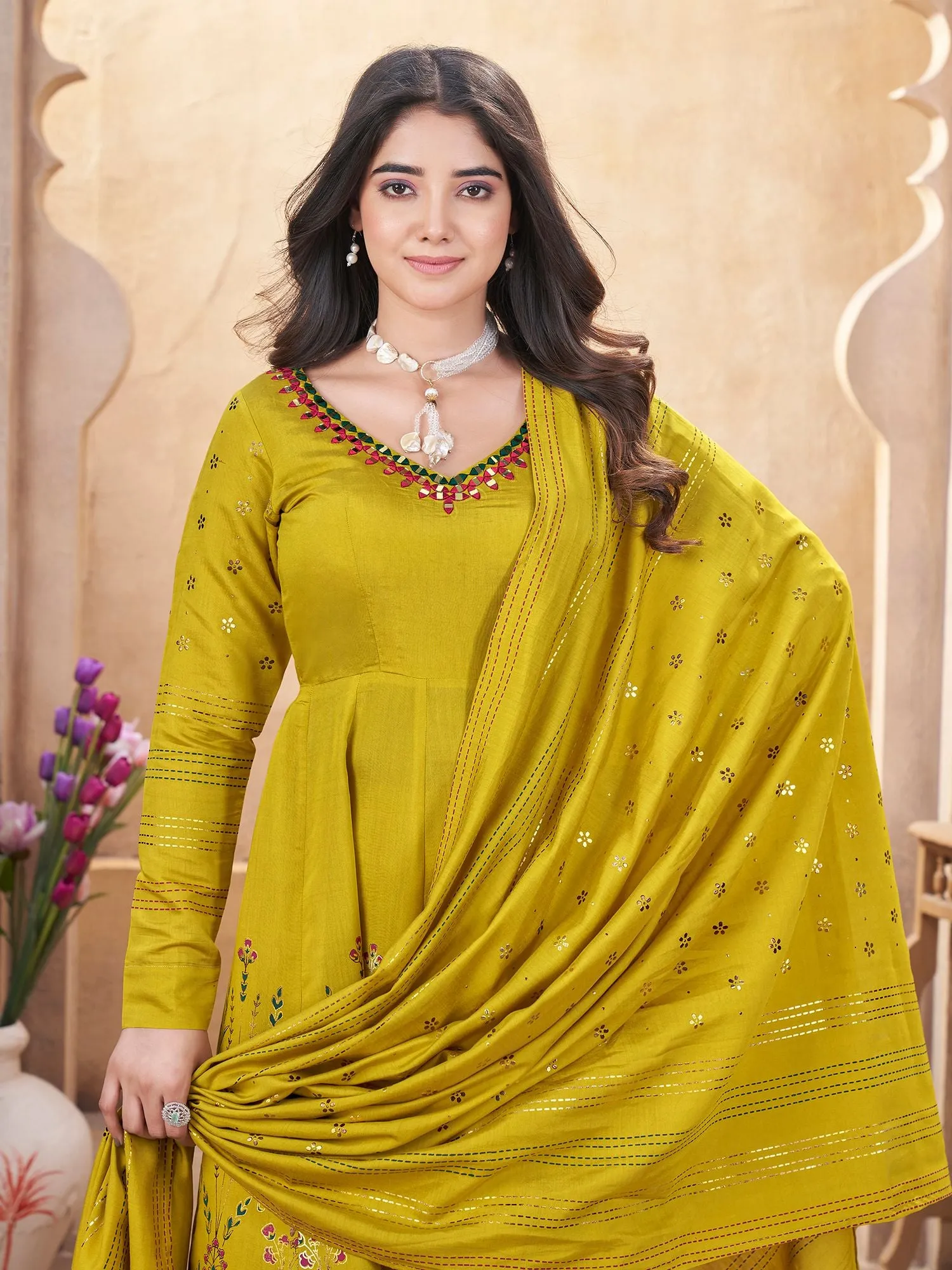 Green And Mustard Silk Readymade Salwar Suit With Foil Print, Mirror And Thread Work Anarkali Salwar Suit