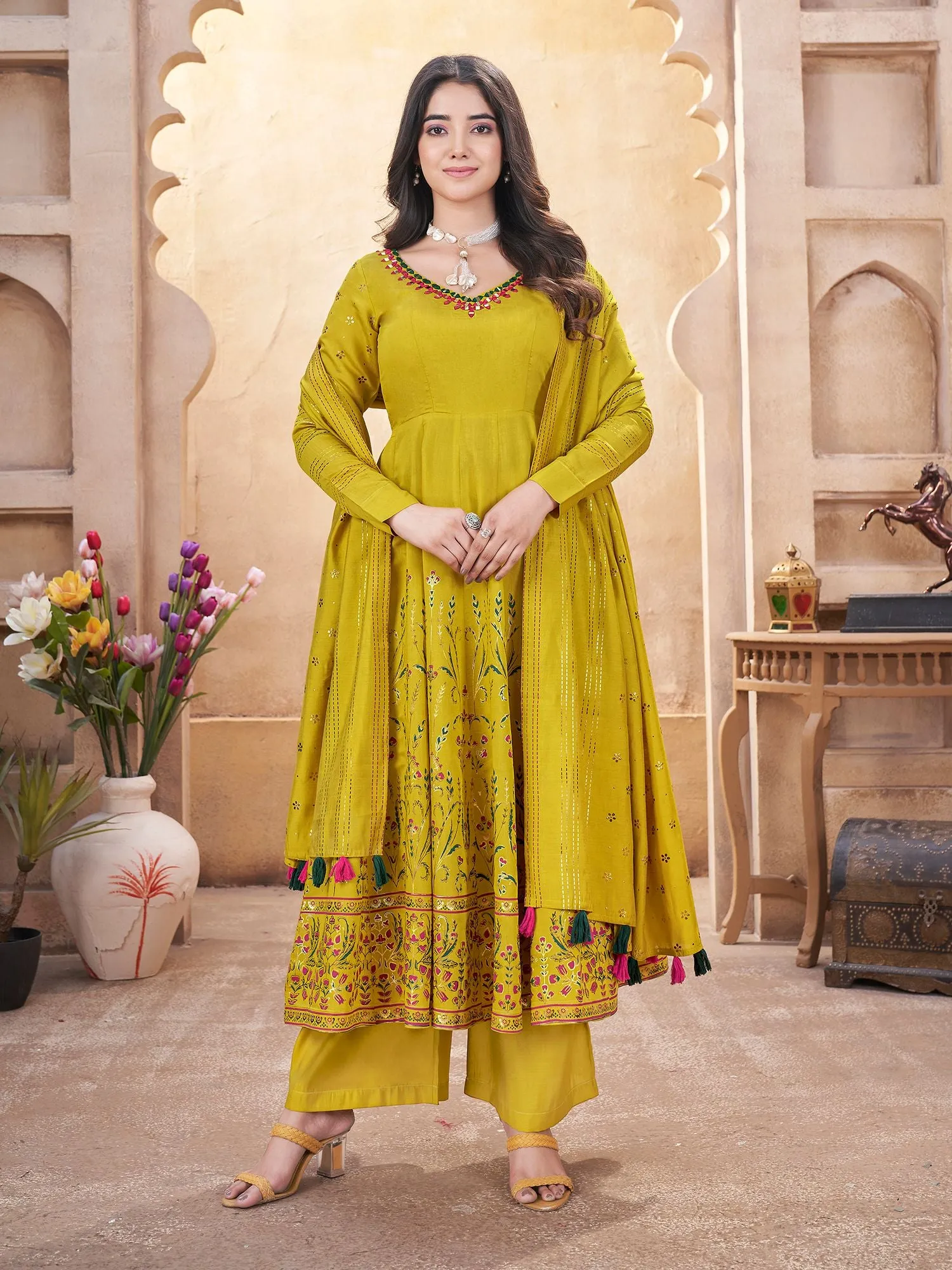 Green And Mustard Silk Readymade Salwar Suit With Foil Print, Mirror And Thread Work Anarkali Salwar Suit