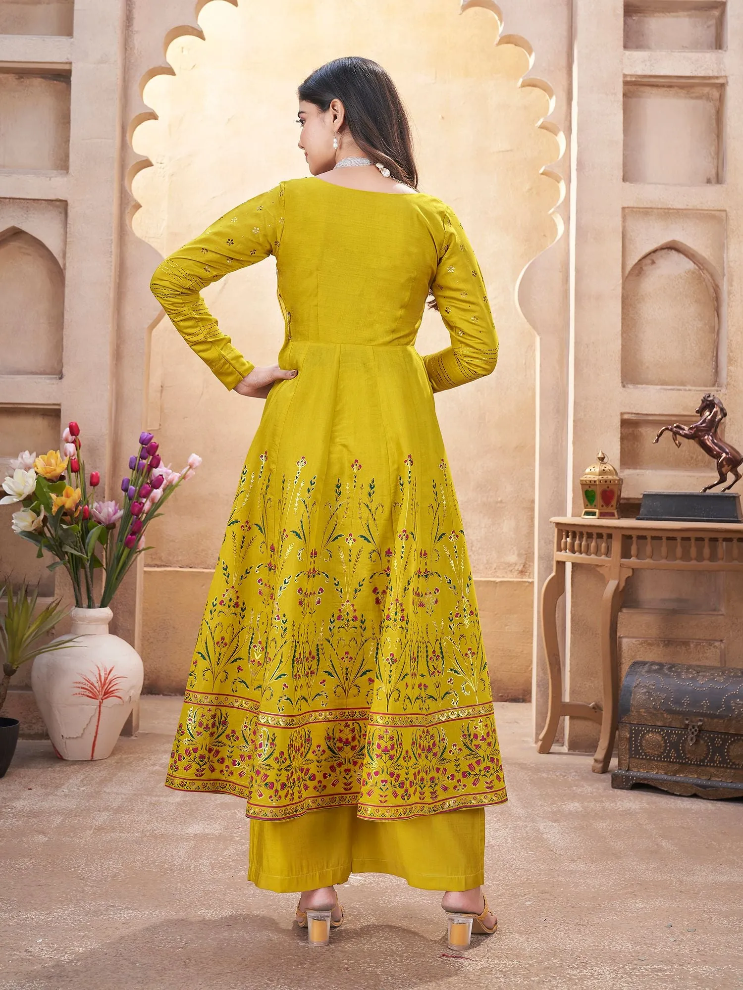 Green And Mustard Silk Readymade Salwar Suit With Foil Print, Mirror And Thread Work Anarkali Salwar Suit