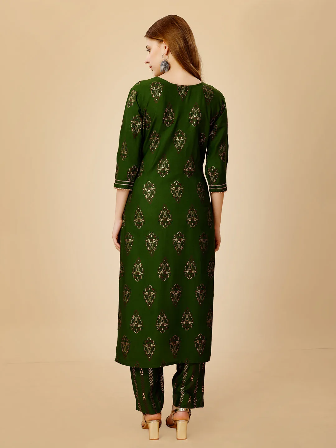 Green Heavy Rayon Cotton with Embroidery Work Kurti Set