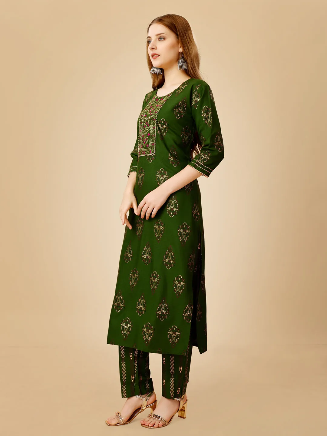 Green Heavy Rayon Cotton with Embroidery Work Kurti Set