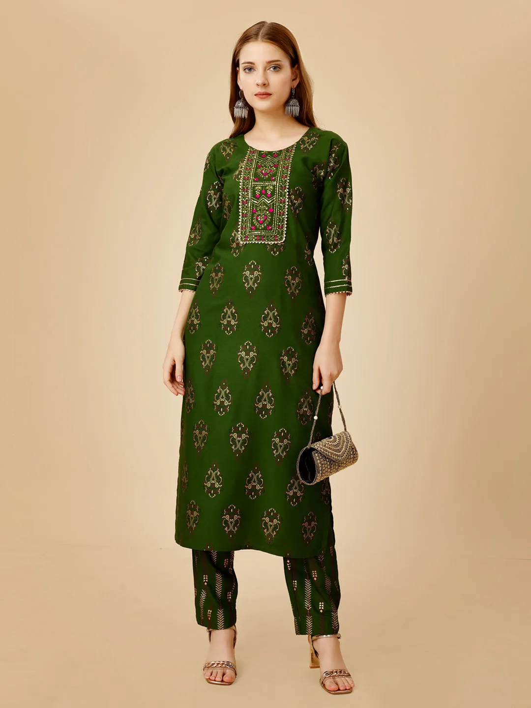 Green Heavy Rayon Cotton with Embroidery Work Kurti Set