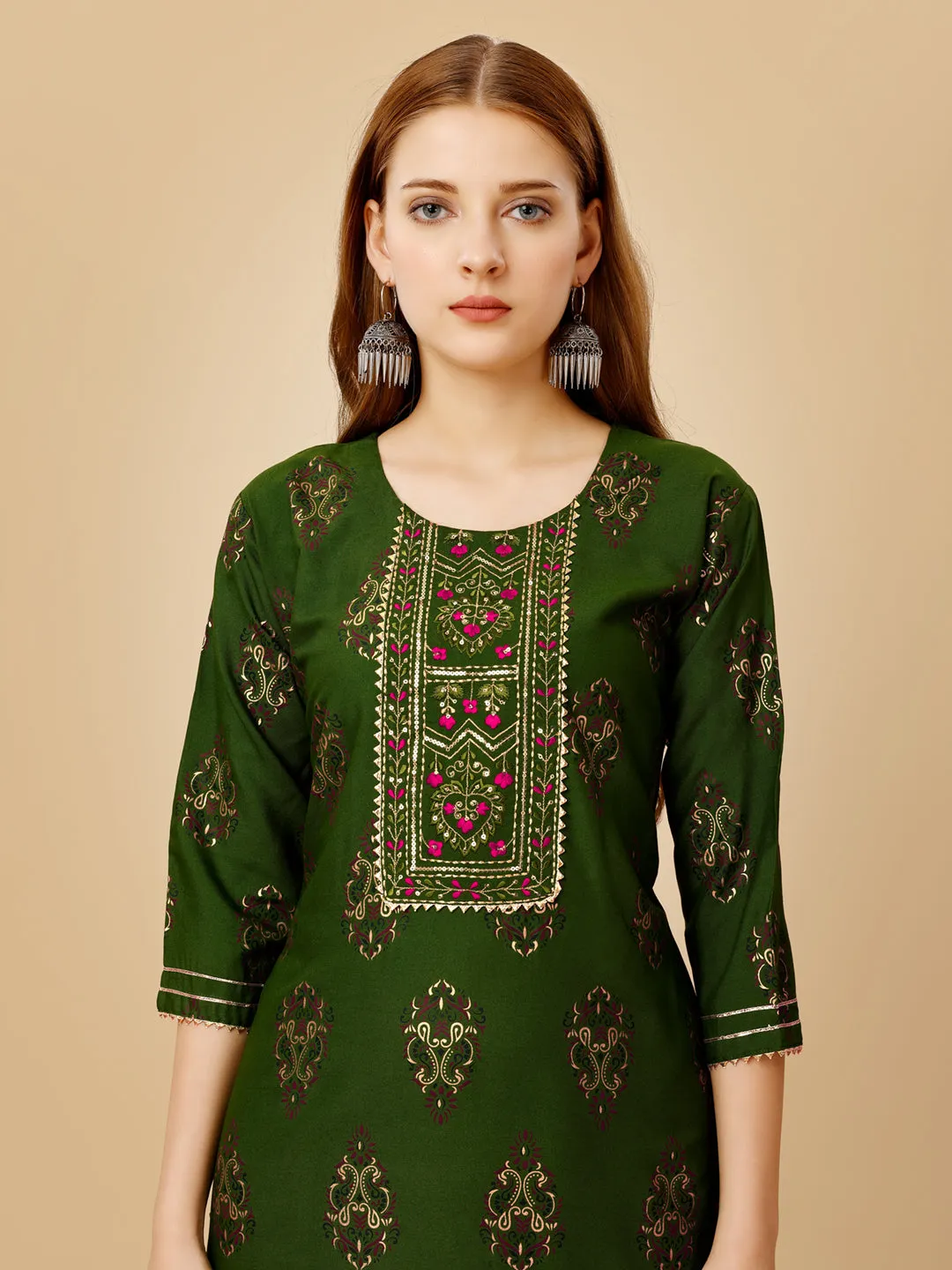 Green Heavy Rayon Cotton with Embroidery Work Kurti Set