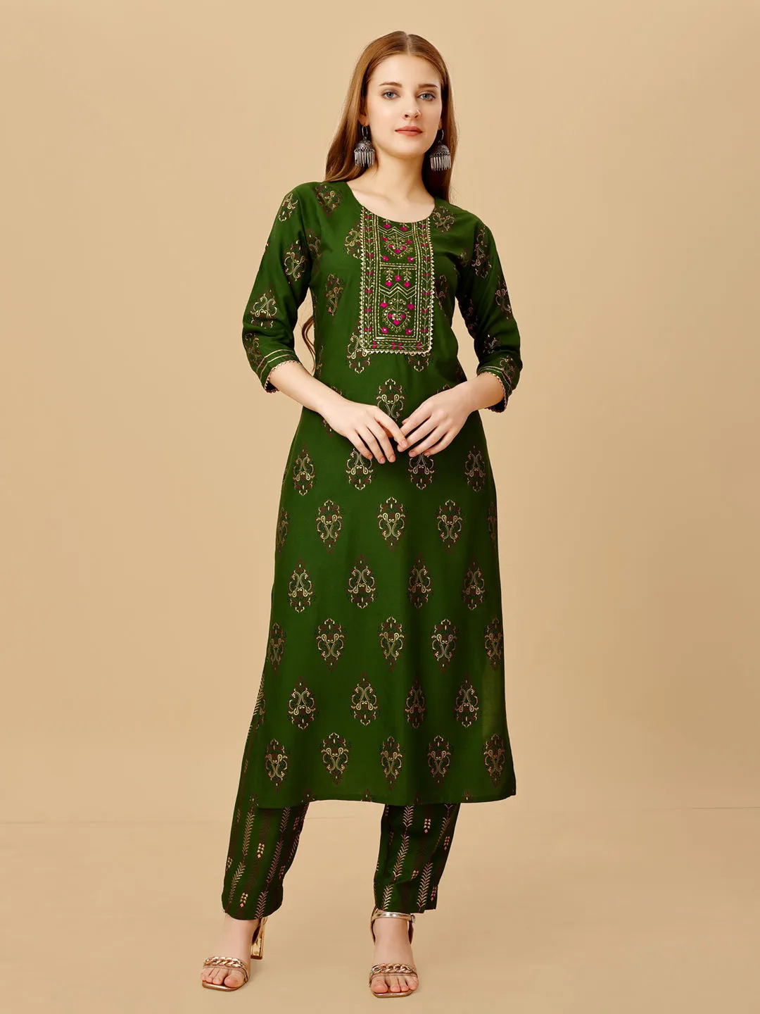 Green Heavy Rayon Cotton with Embroidery Work Kurti Set