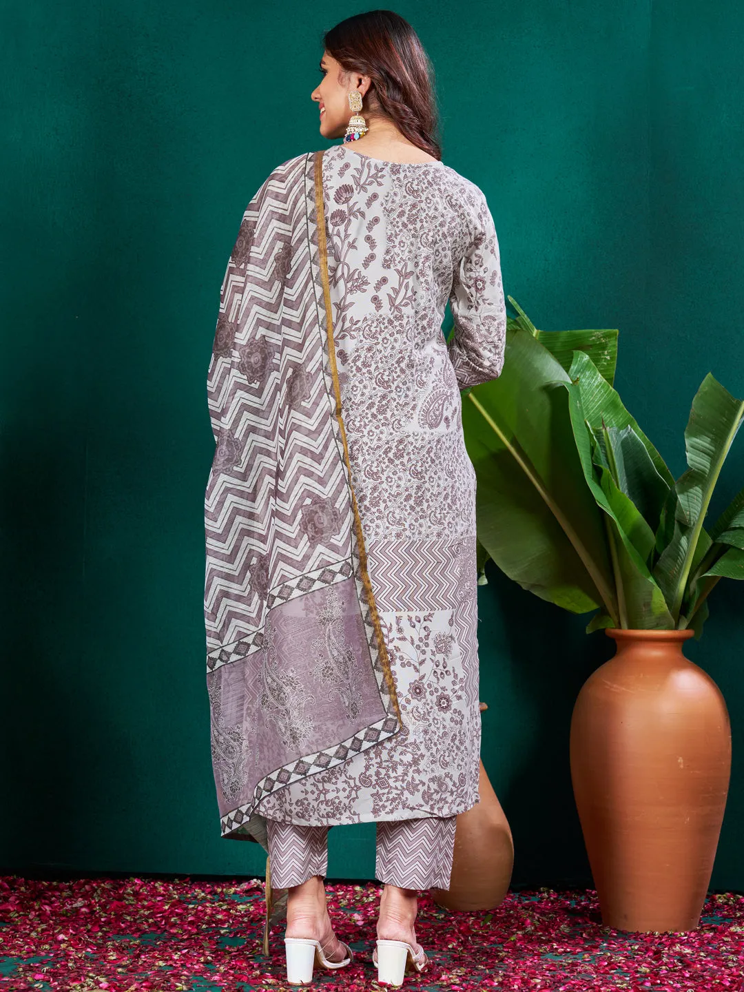 Grey Rayon Print with Embroidery & Fancy Lace Work Kurti Set