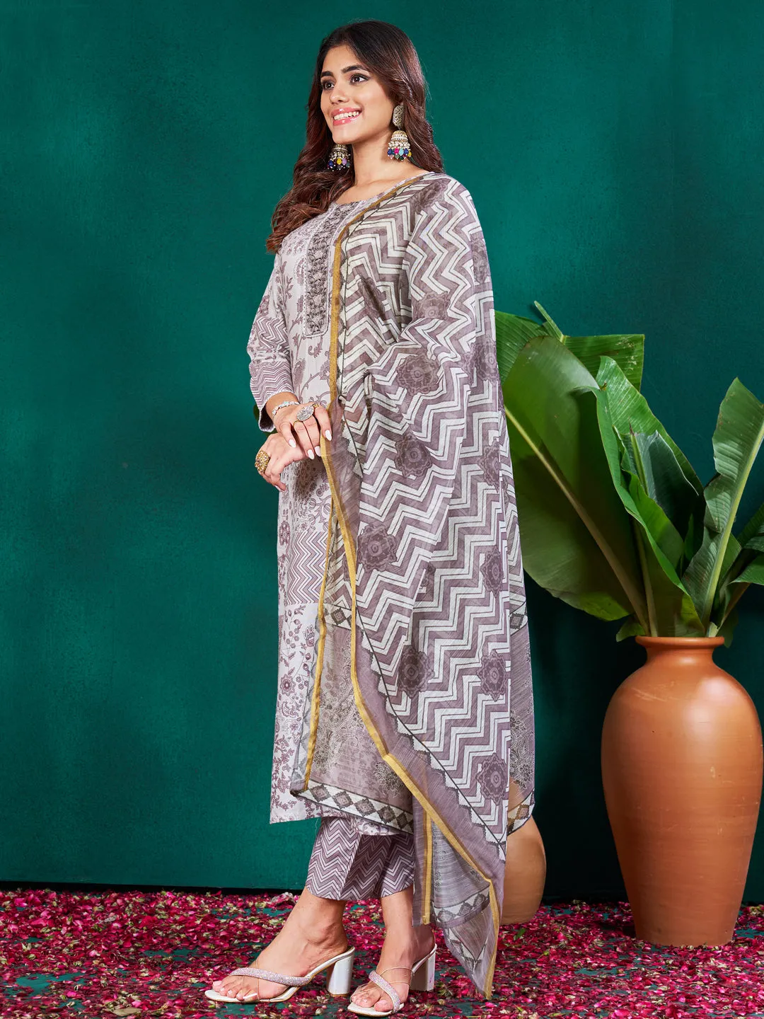Grey Rayon Print with Embroidery & Fancy Lace Work Kurti Set