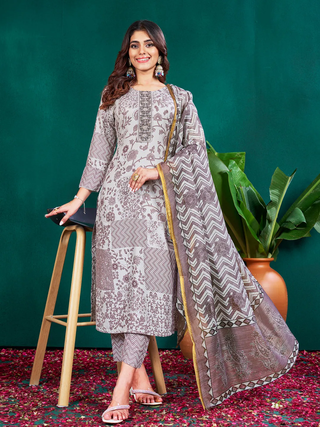 Grey Rayon Print with Embroidery & Fancy Lace Work Kurti Set