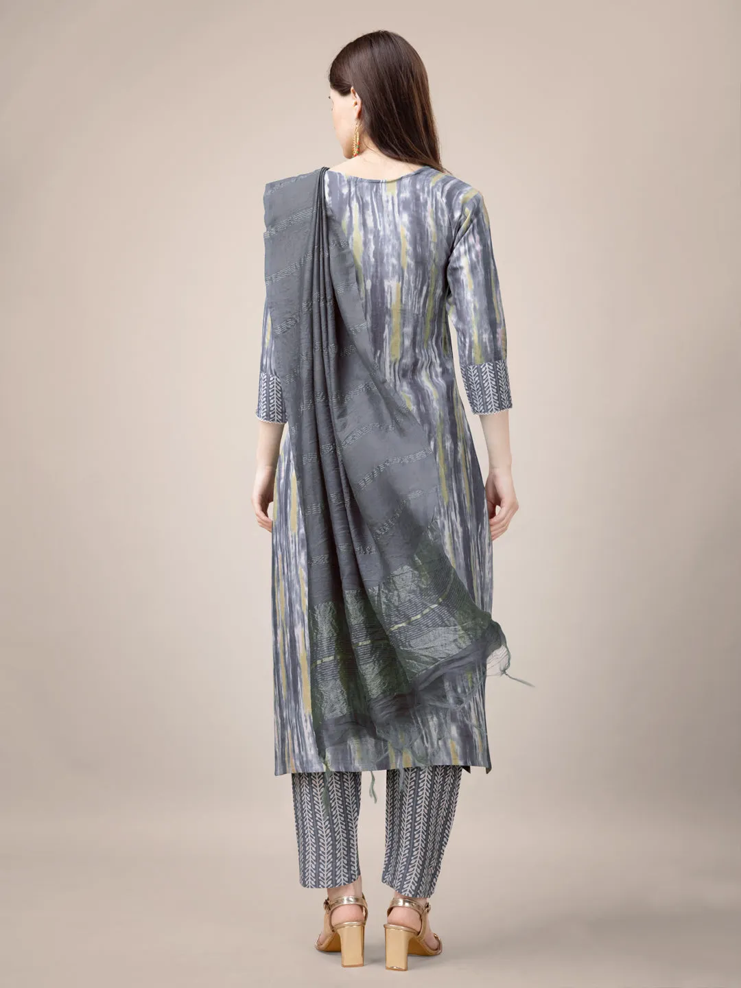 Grey Rayon Print with Embroidery & Sequence Work Kurti Set