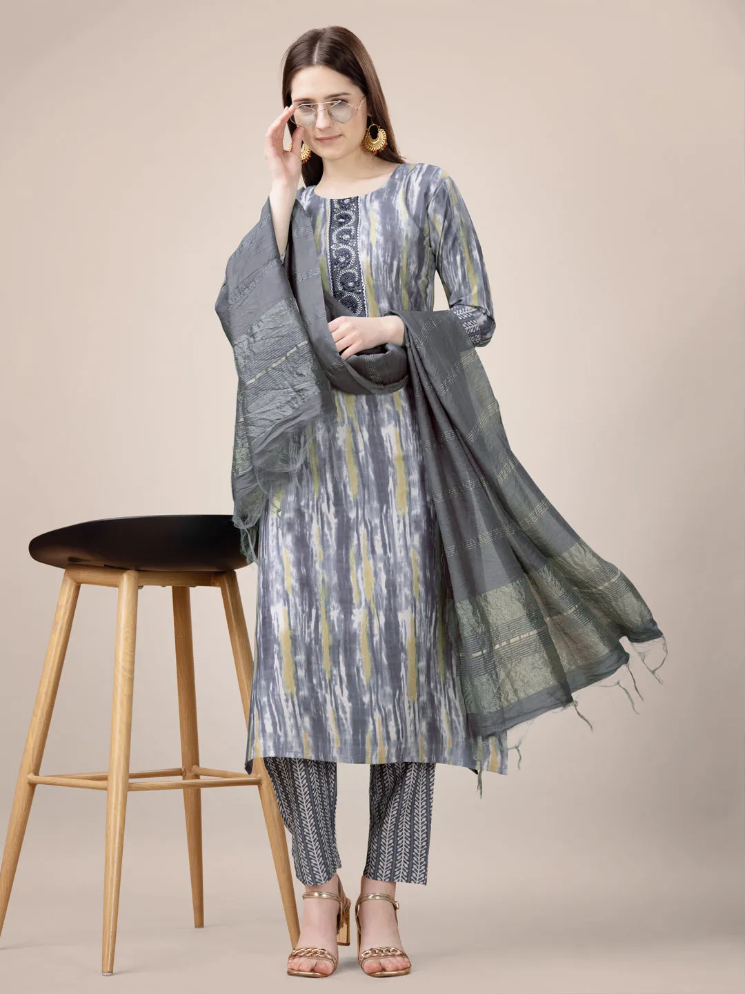 Grey Rayon Print with Embroidery & Sequence Work Kurti Set
