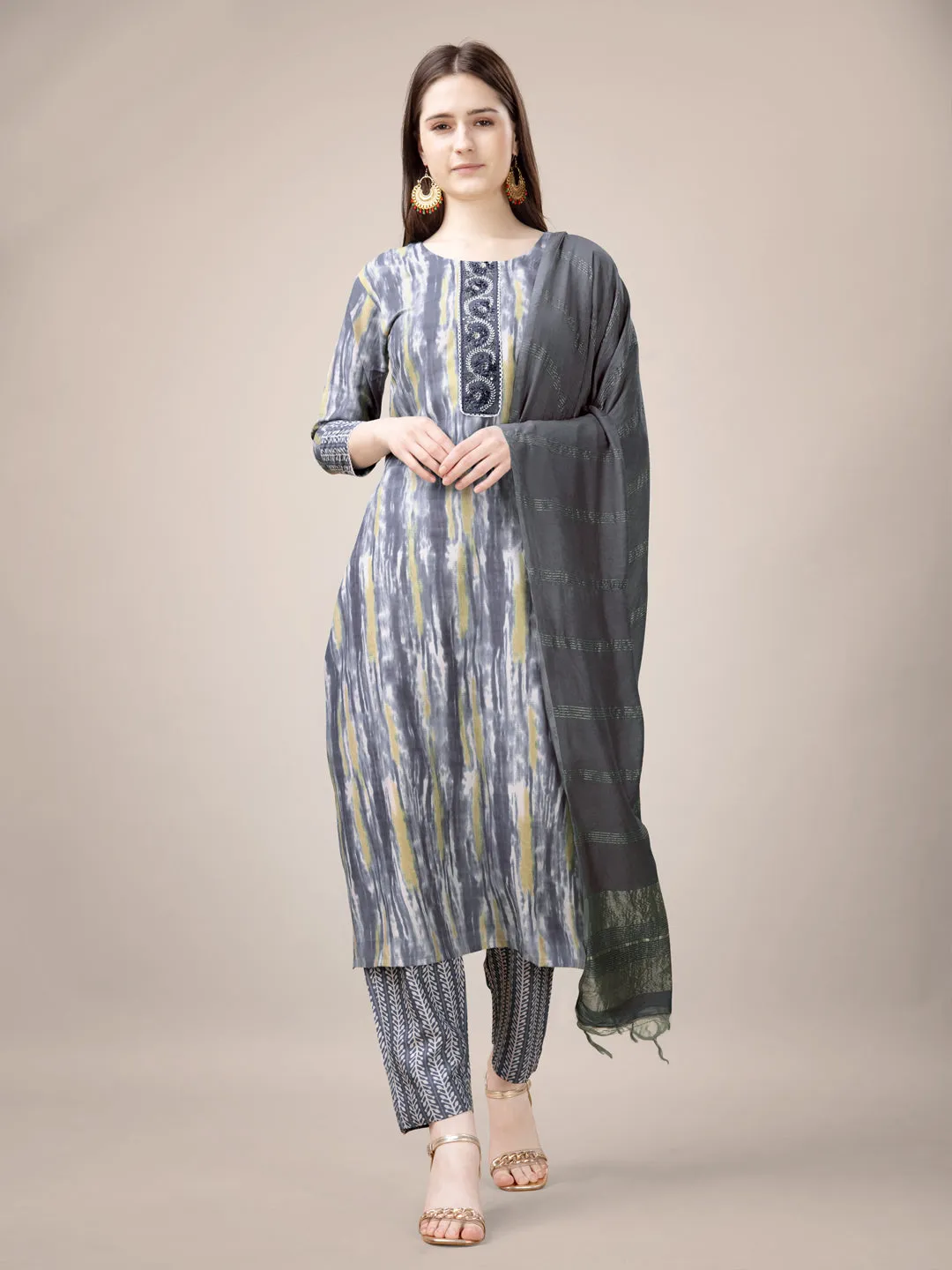 Grey Rayon Print with Embroidery & Sequence Work Kurti Set