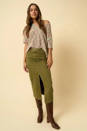 Hot Girl Denim Lab Cargo Midi Skirt In Olive