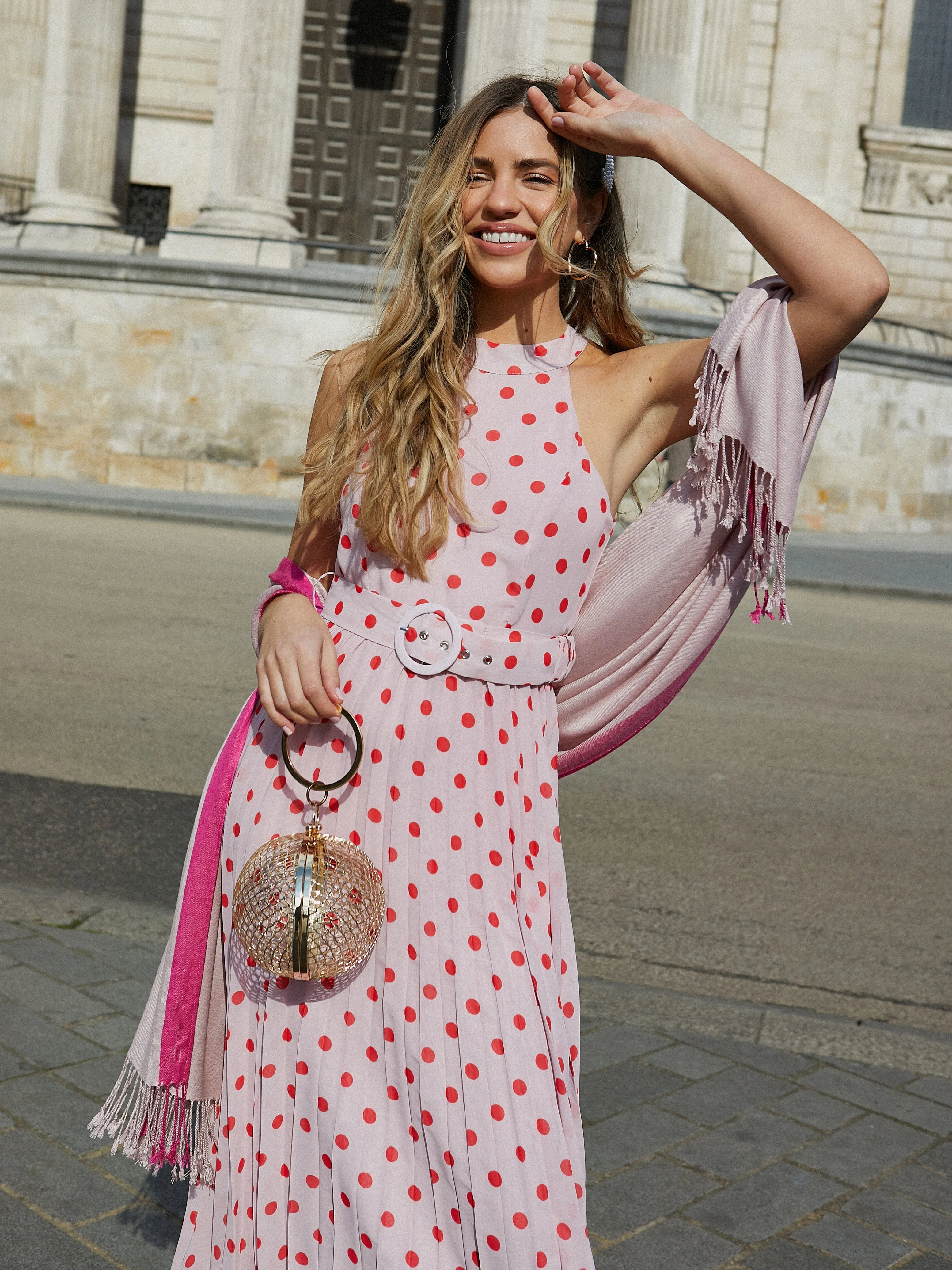 IMPERFECT Luisa Belted Pleated Maxi Dress / Pink And Red Spot Print