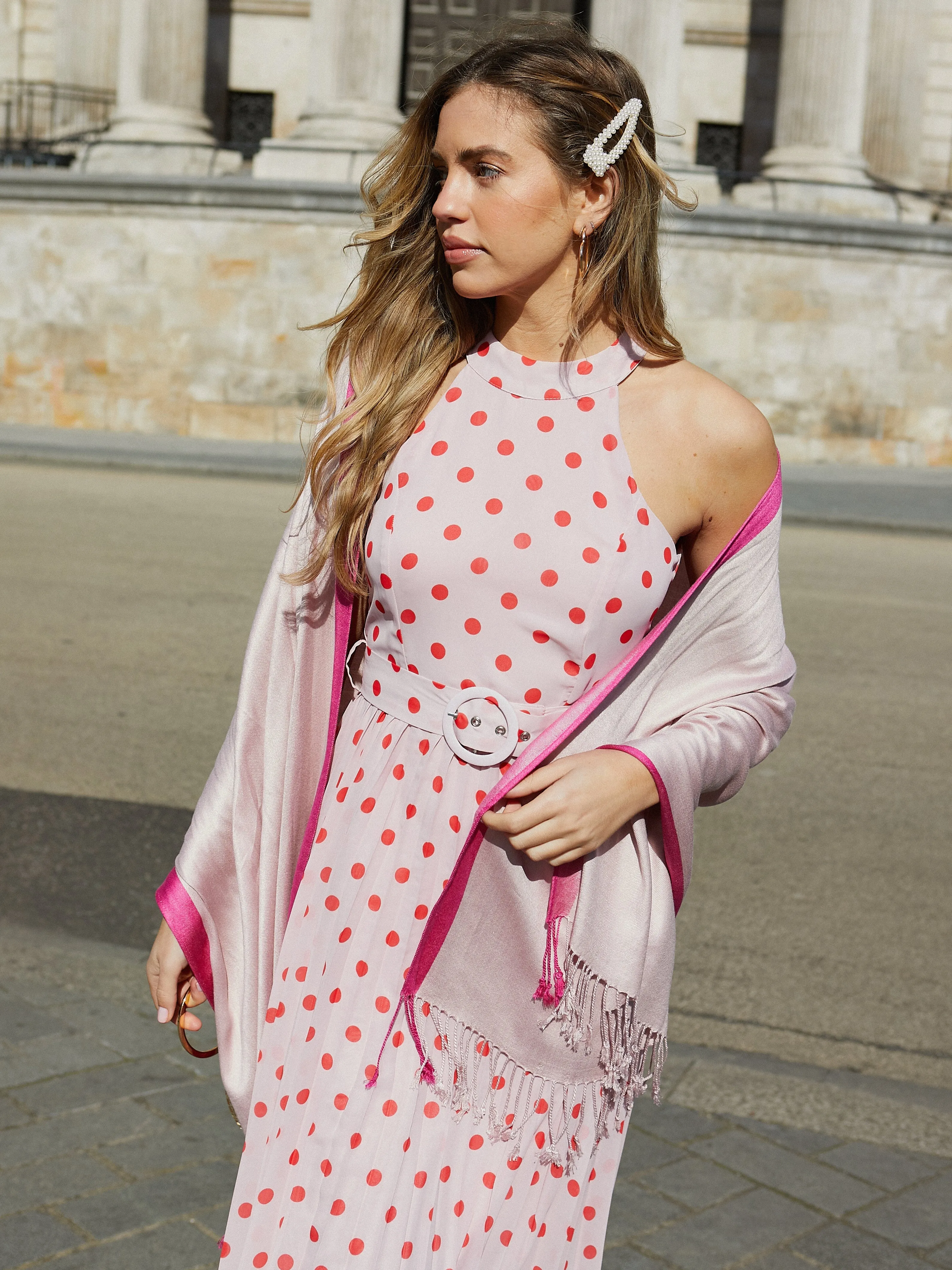IMPERFECT Luisa Belted Pleated Maxi Dress / Pink And Red Spot Print