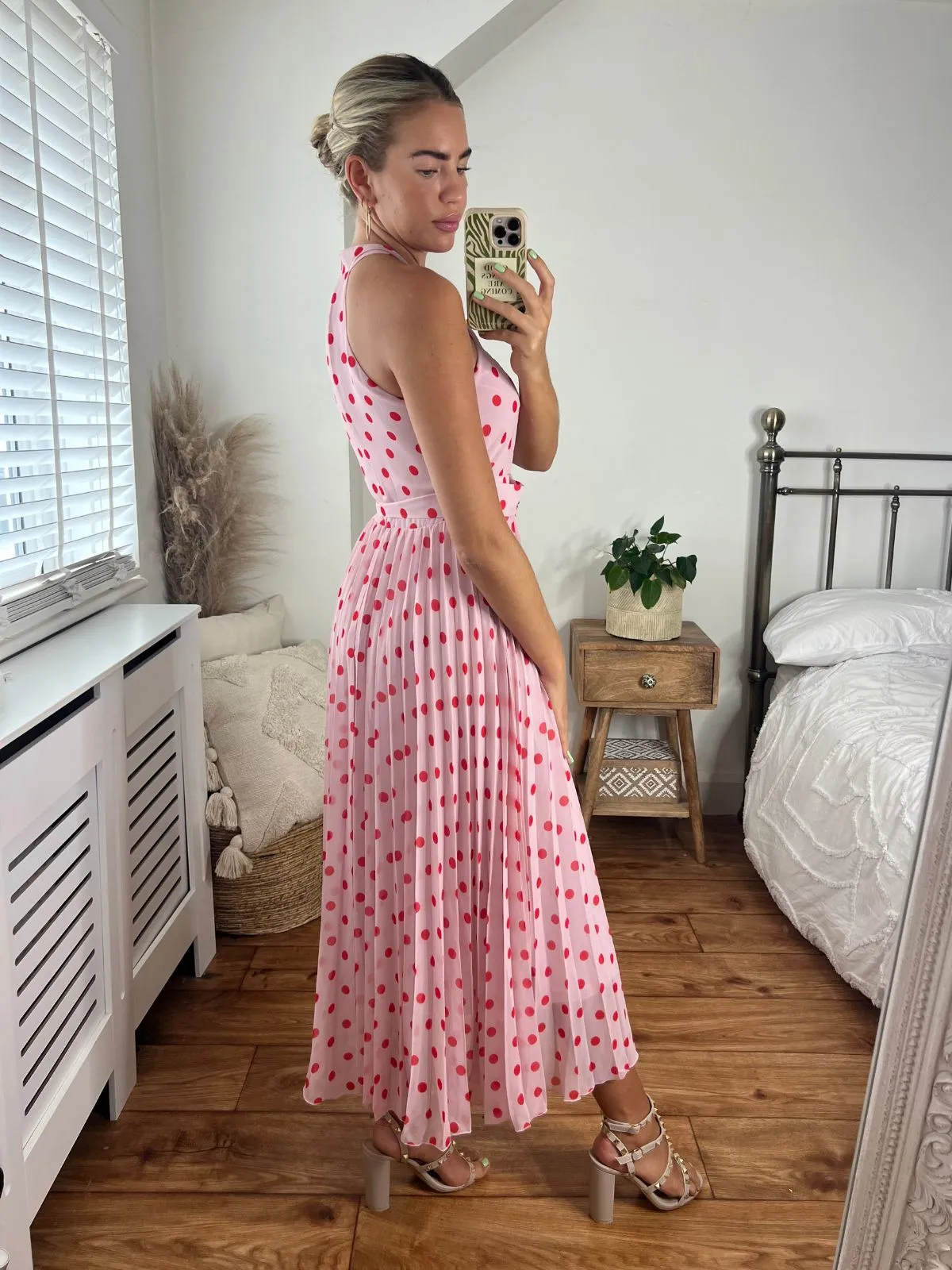 IMPERFECT Luisa Belted Pleated Maxi Dress / Pink And Red Spot Print