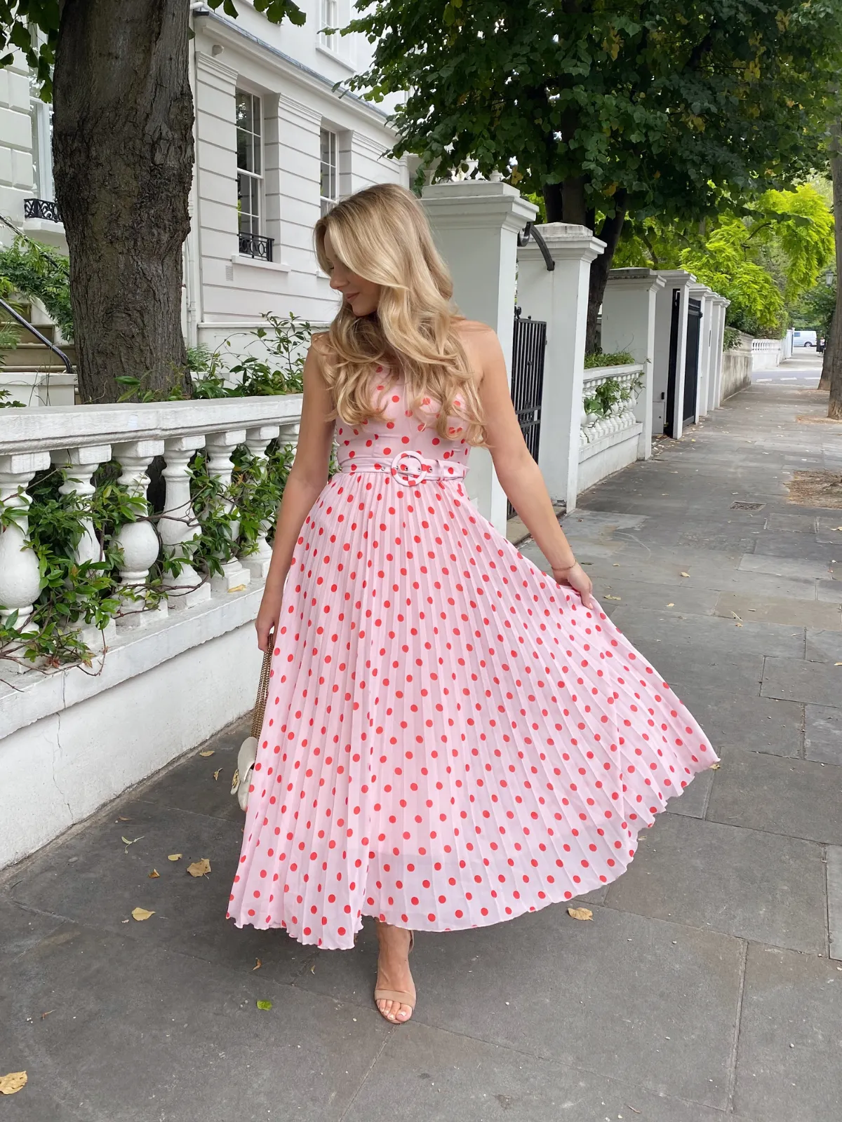 IMPERFECT Luisa Belted Pleated Maxi Dress / Pink And Red Spot Print