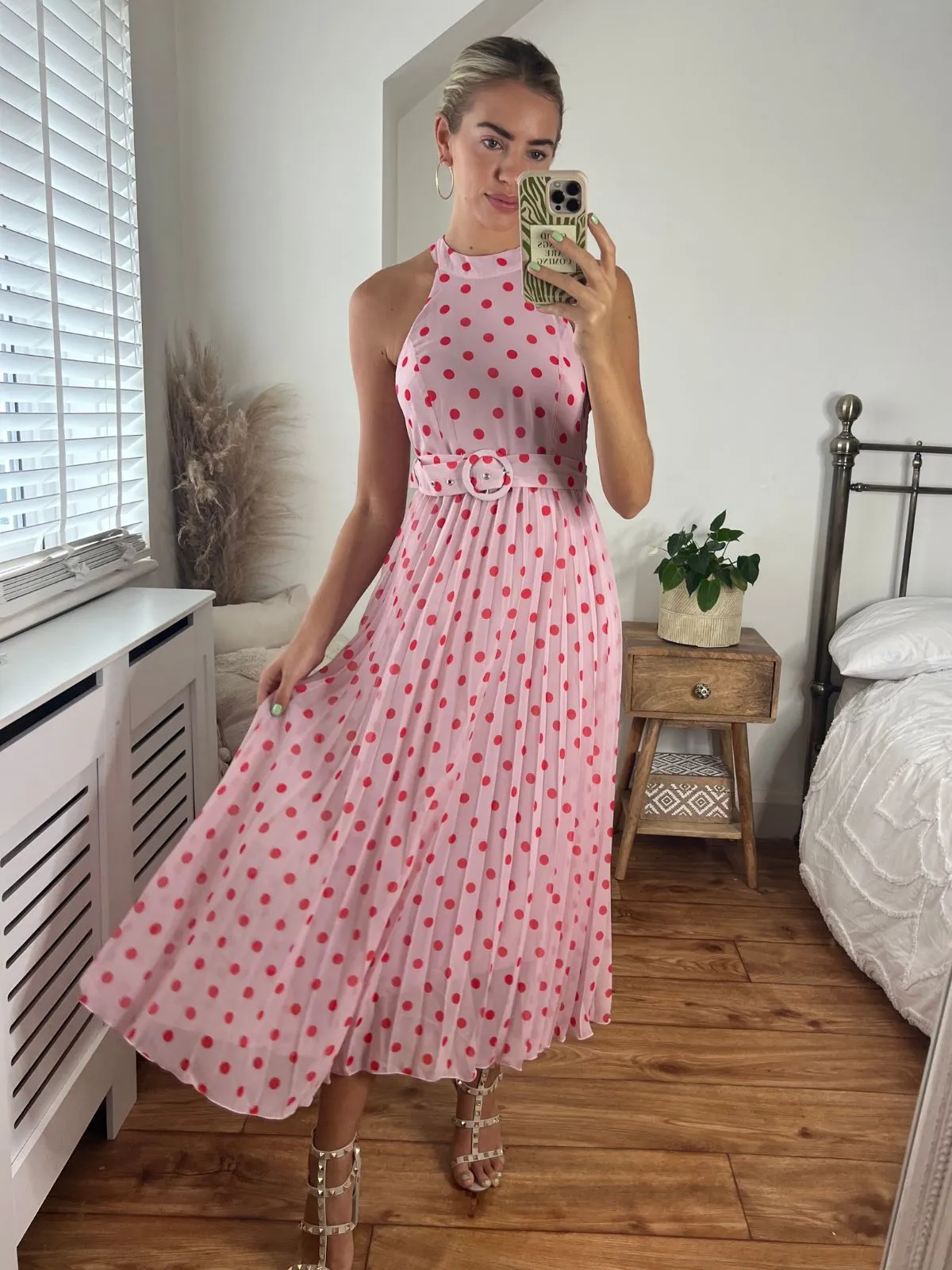 IMPERFECT Luisa Belted Pleated Maxi Dress / Pink And Red Spot Print