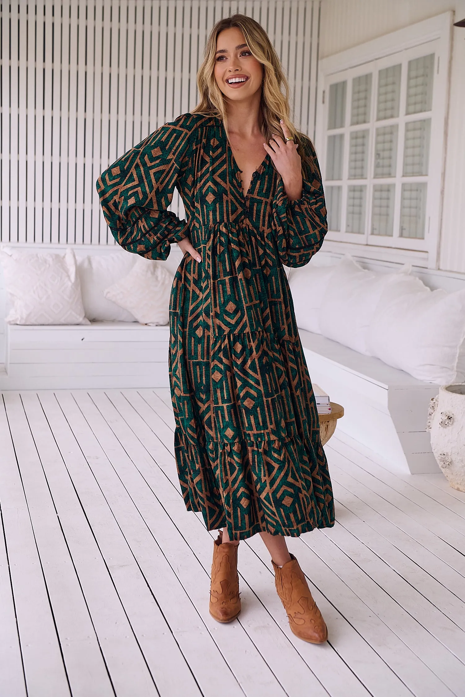 Jaase Eve Midi Dress with Long Billowy Sleeve - Emerald