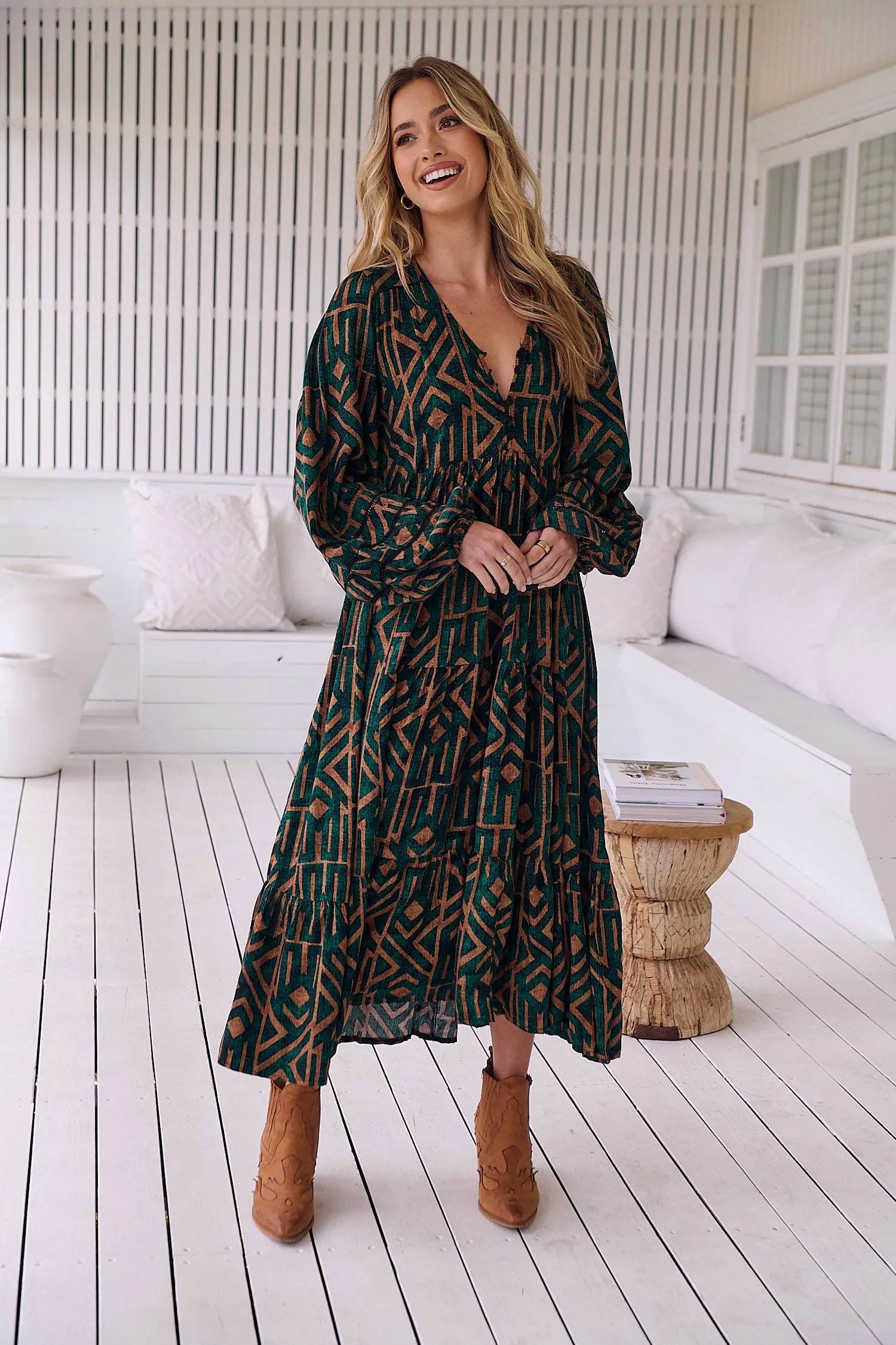 Jaase Eve Midi Dress with Long Billowy Sleeve - Emerald