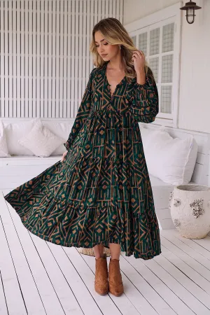 Jaase Eve Midi Dress with Long Billowy Sleeve - Emerald