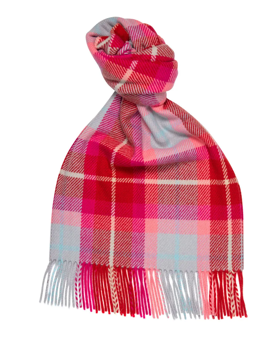 Joshua Ellis Classic Modern Tartan 100% Lambswool Scarf Pink x White x Aqua