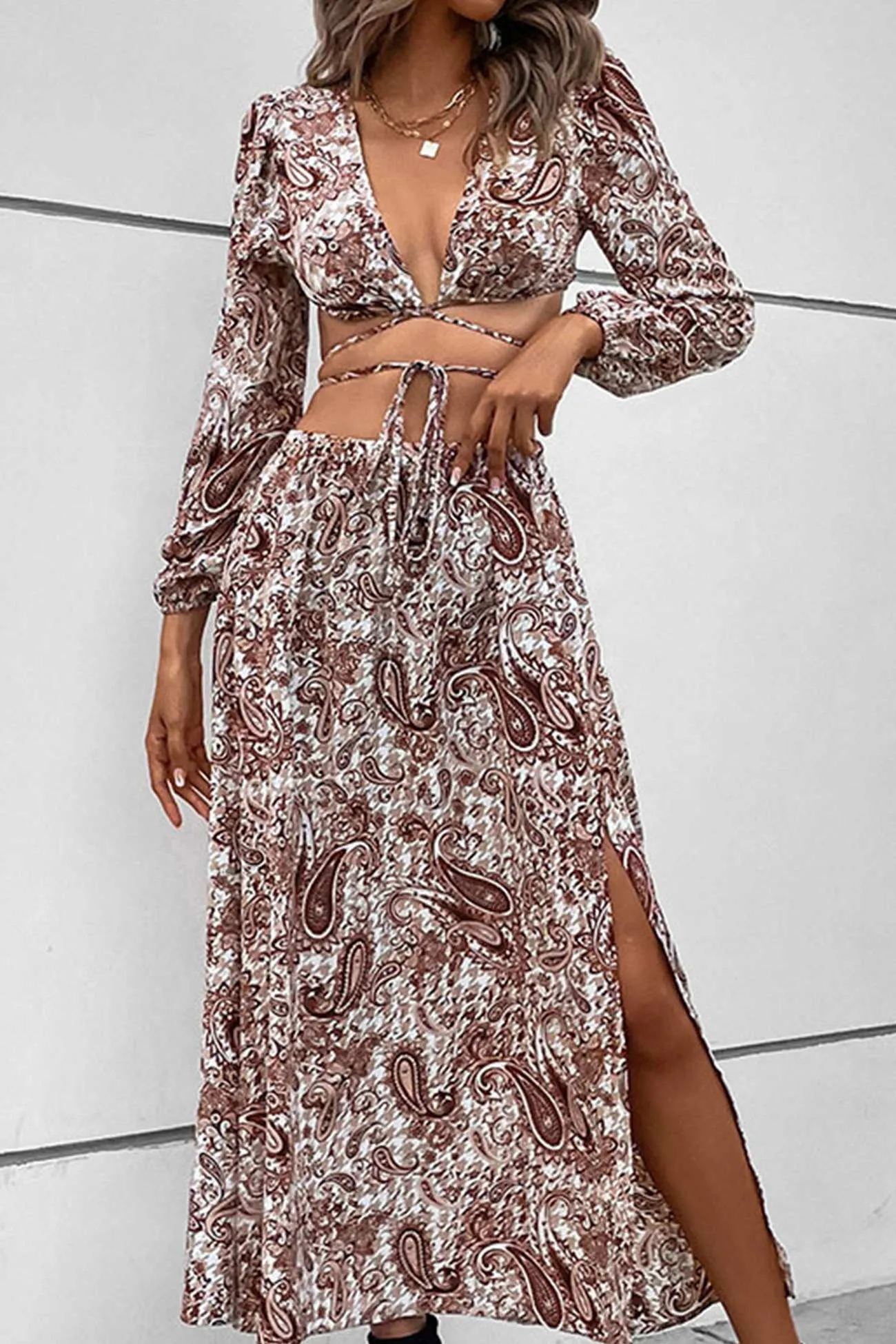Joskaa Floral Print Tie-up Crop Top Slit Midi Skirt Suits