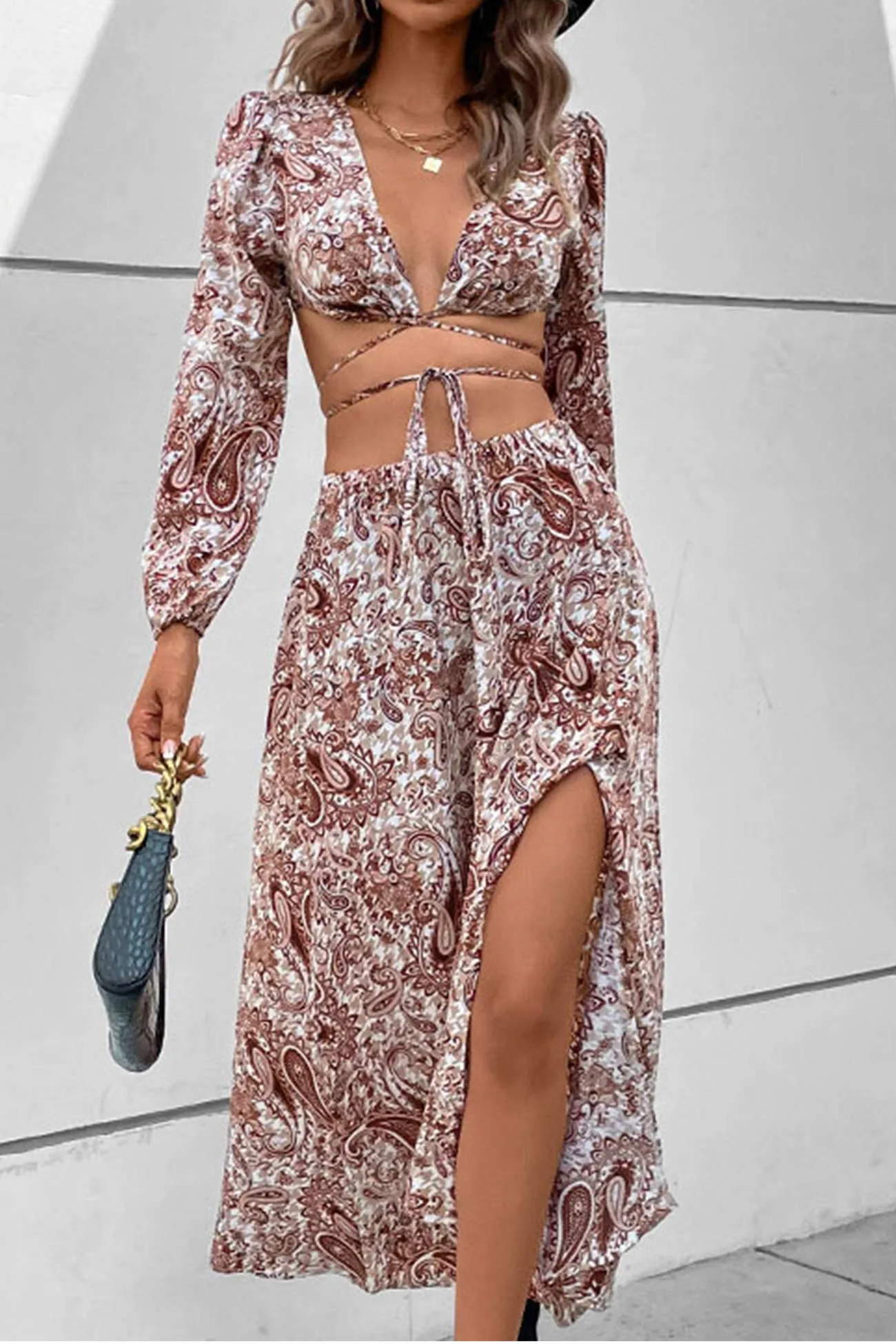 Joskaa Floral Print Tie-up Crop Top Slit Midi Skirt Suits