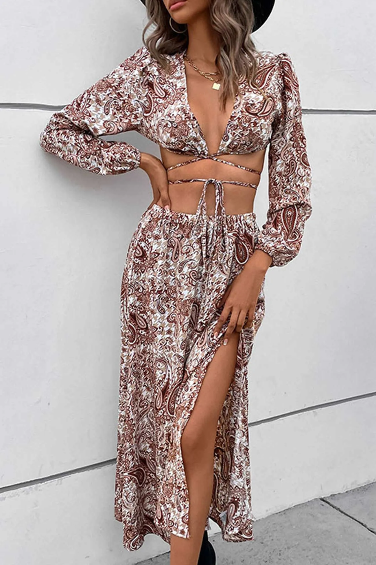Joskaa Floral Print Tie-up Crop Top Slit Midi Skirt Suits
