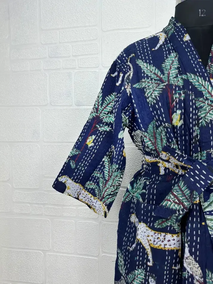 Kantha Pure Cotton Reversible Short Kimono Women Jacket Jungle Print Blue Green