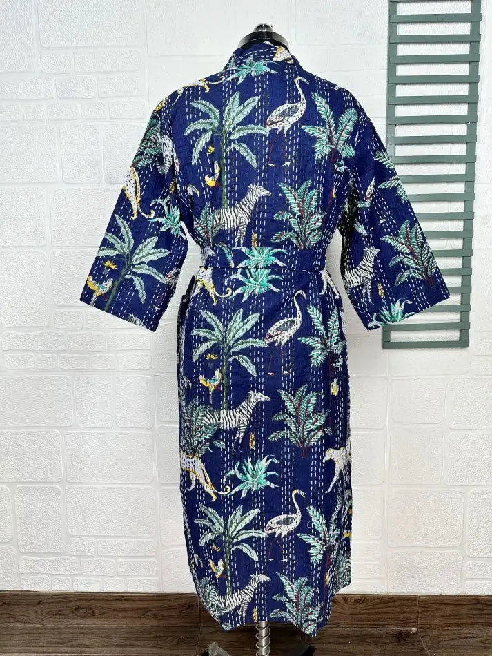 Kantha Pure Cotton Reversible Short Kimono Women Jacket Jungle Print Blue Green
