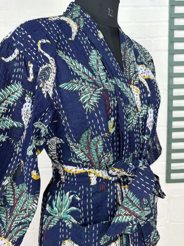 Kantha Pure Cotton Reversible Short Kimono Women Jacket Jungle Print Blue Green