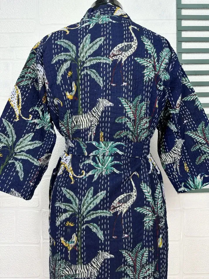 Kantha Pure Cotton Reversible Short Kimono Women Jacket Jungle Print Blue Green