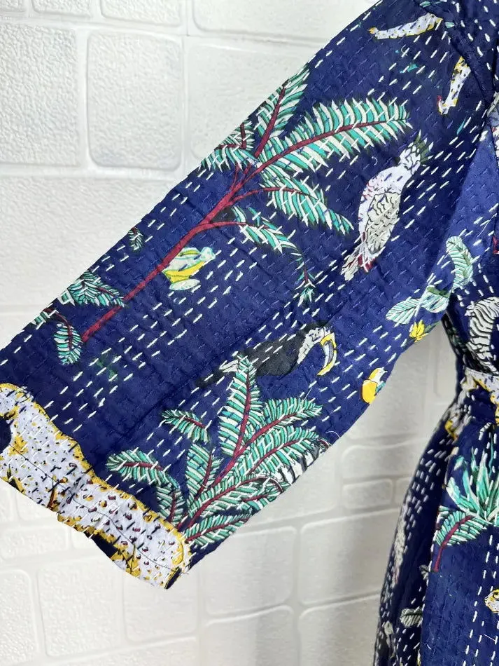 Kantha Pure Cotton Reversible Short Kimono Women Jacket Jungle Print Blue Green