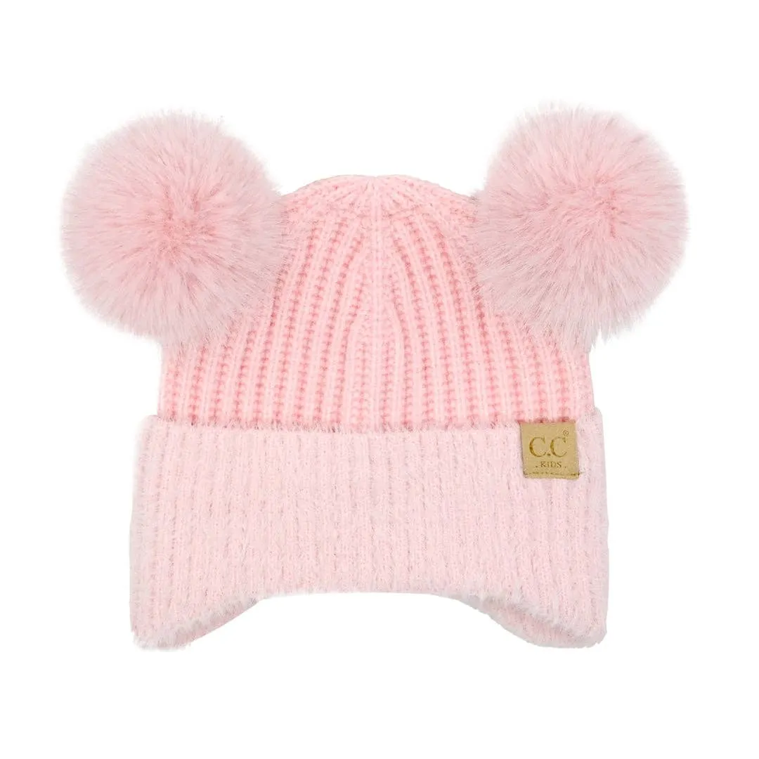 Kids Faux Fur Earflap Double Pom C.C Beanie