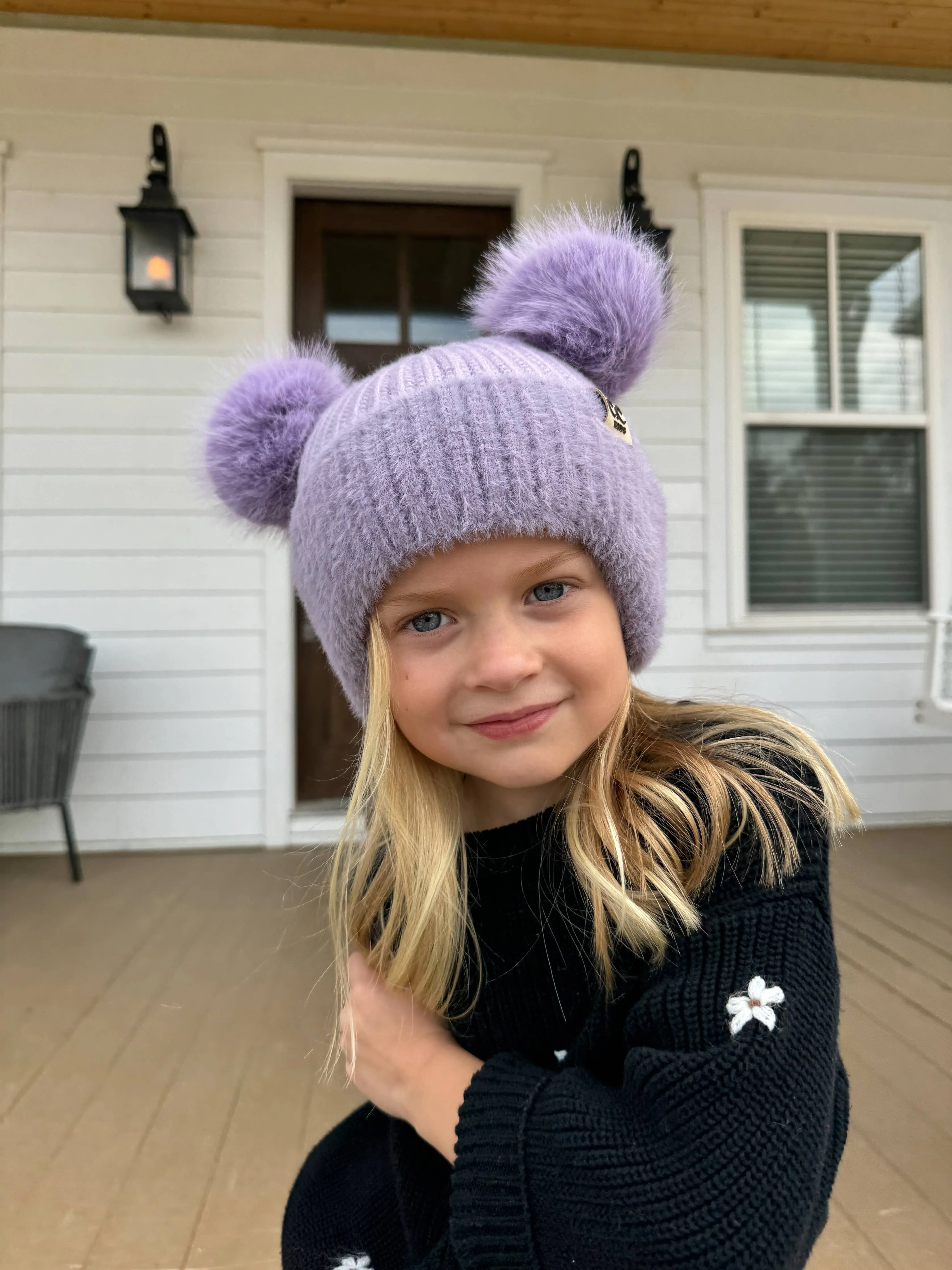 Kids Faux Fur Earflap Double Pom C.C Beanie