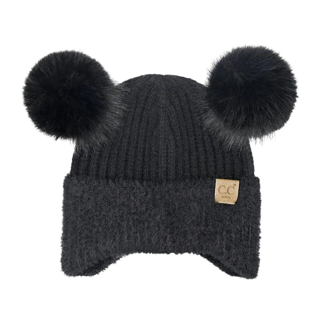 Kids Faux Fur Earflap Double Pom C.C Beanie