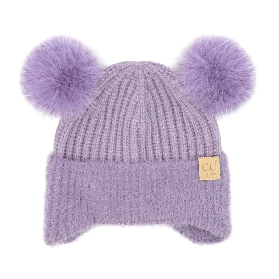 Kids Faux Fur Earflap Double Pom C.C Beanie