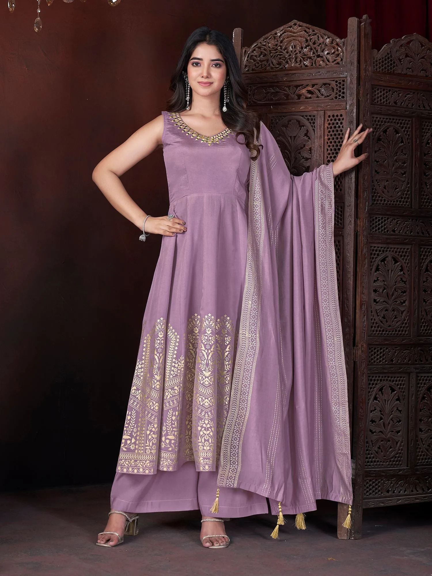 Lavender Colour Pure Roman Silk Readymade Salwar Suit With Foil Print, Mirror And Thread Work Anarkali Salwar Suit