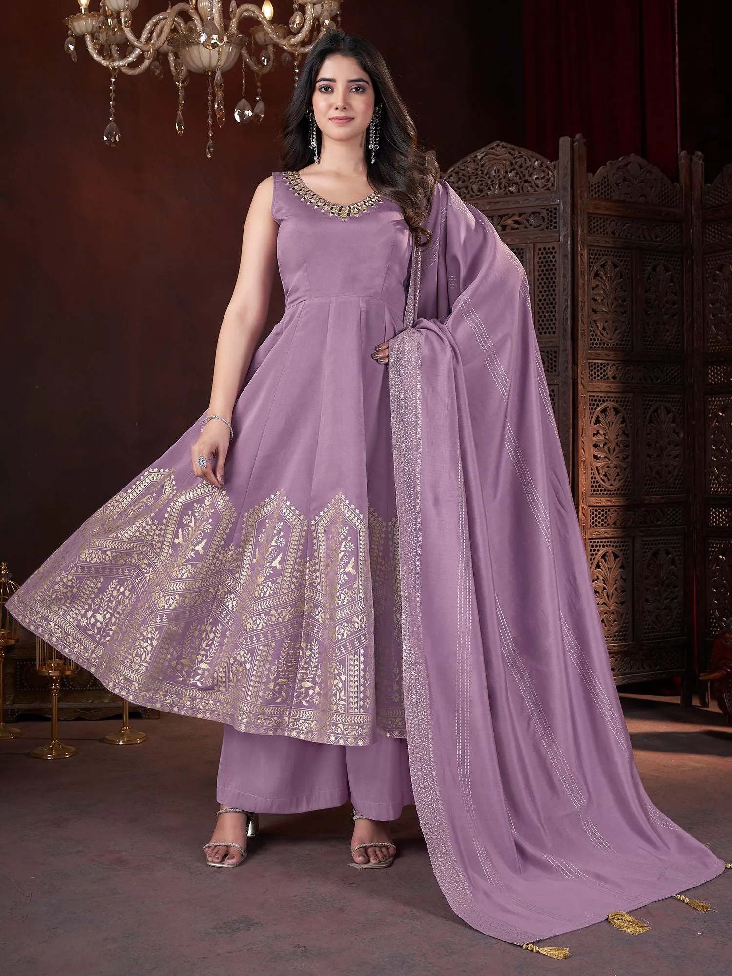 Lavender Colour Pure Roman Silk Readymade Salwar Suit With Foil Print, Mirror And Thread Work Anarkali Salwar Suit