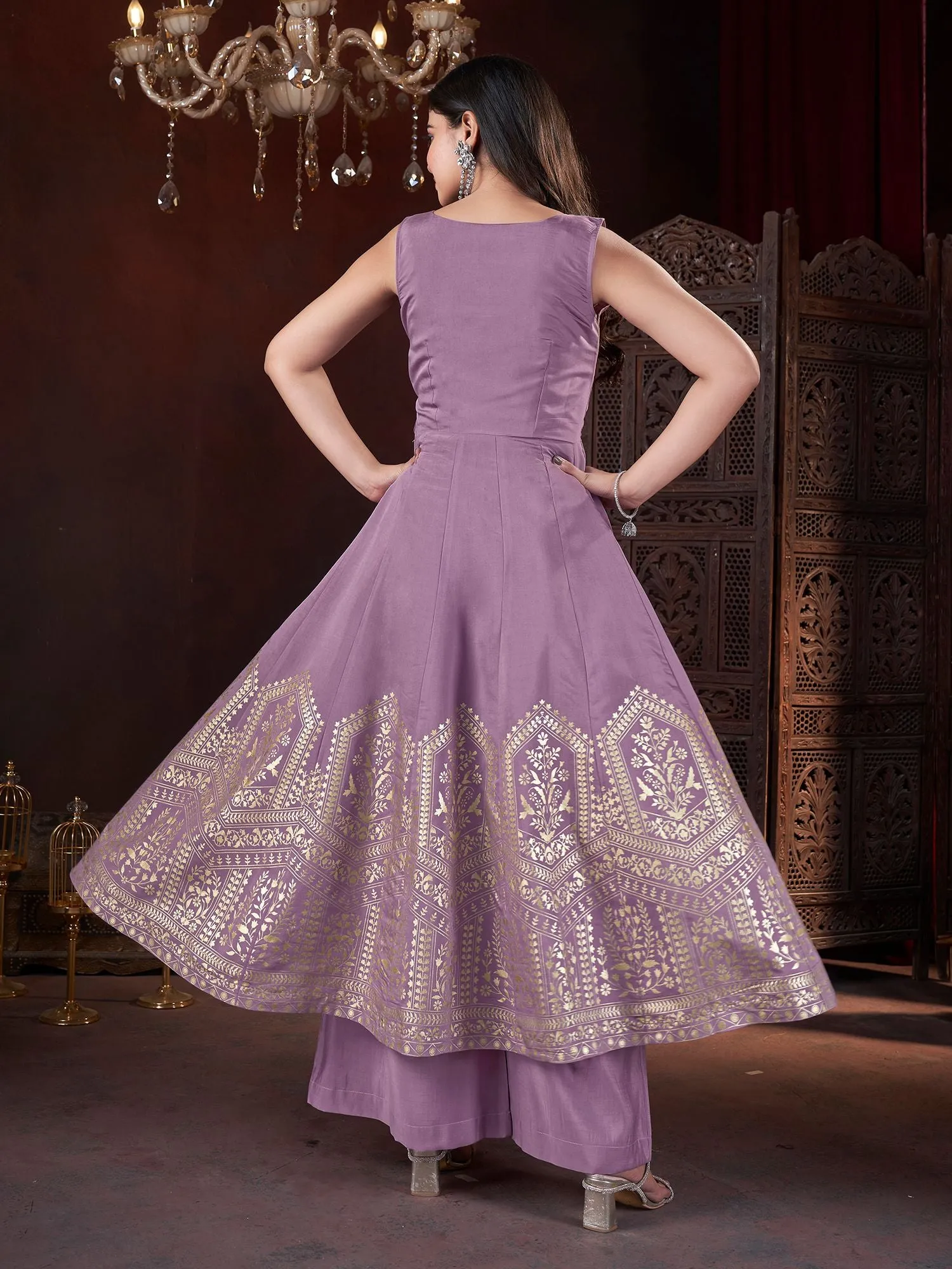Lavender Colour Pure Roman Silk Readymade Salwar Suit With Foil Print, Mirror And Thread Work Anarkali Salwar Suit