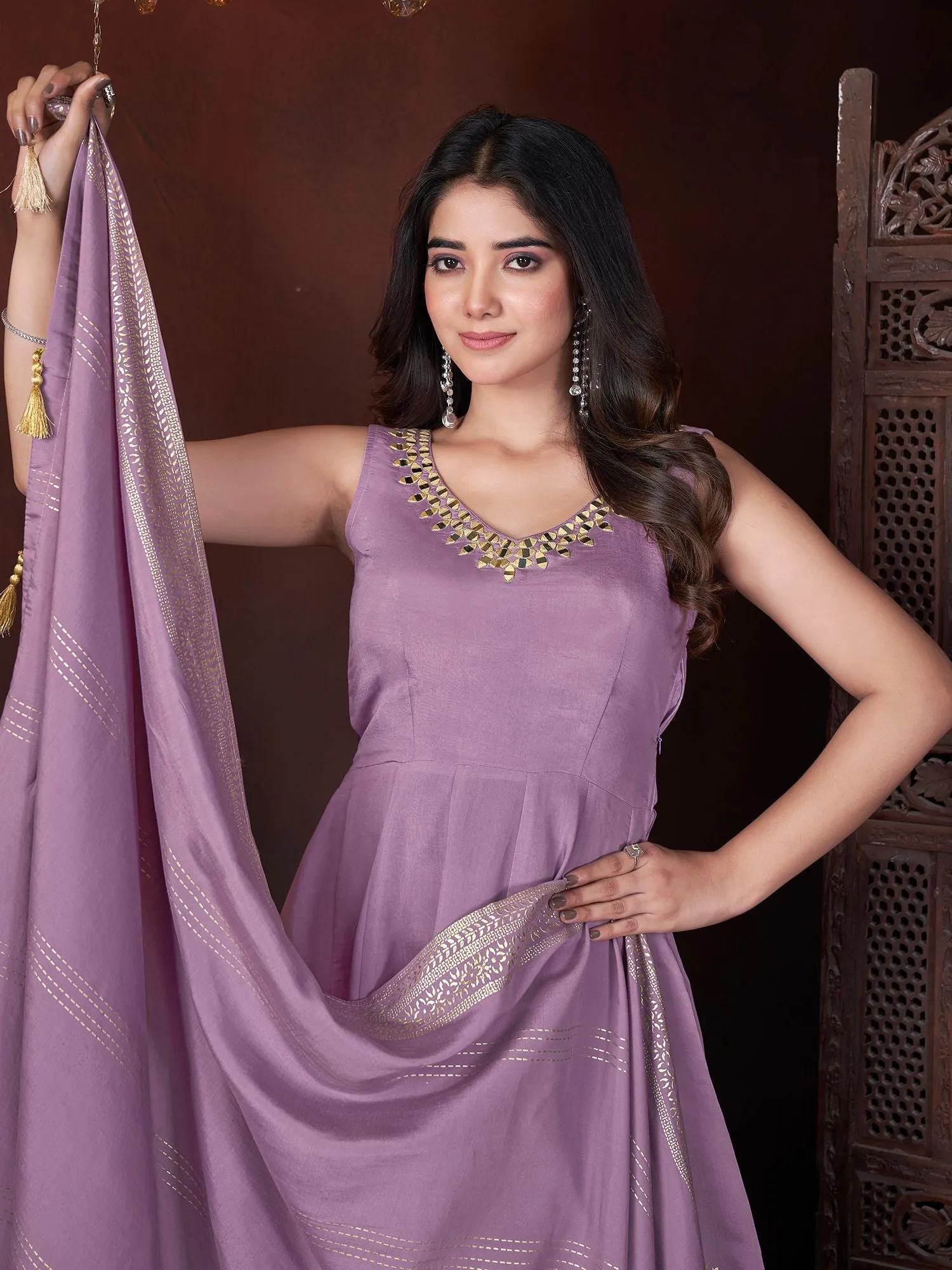 Lavender Colour Pure Roman Silk Readymade Salwar Suit With Foil Print, Mirror And Thread Work Anarkali Salwar Suit