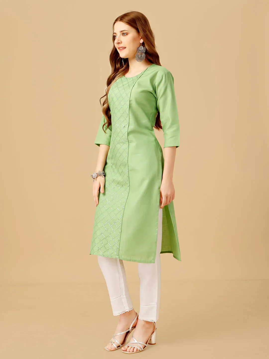 Lime Heavy Rayon Cotton with Embroidery Work Kurti Set