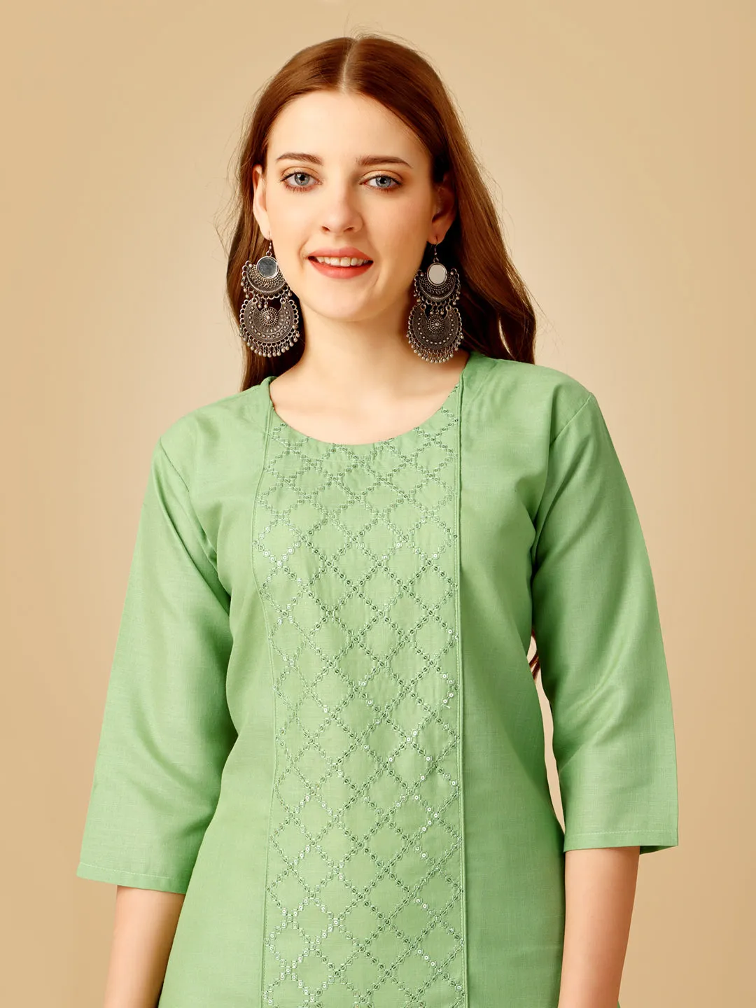 Lime Heavy Rayon Cotton with Embroidery Work Kurti Set