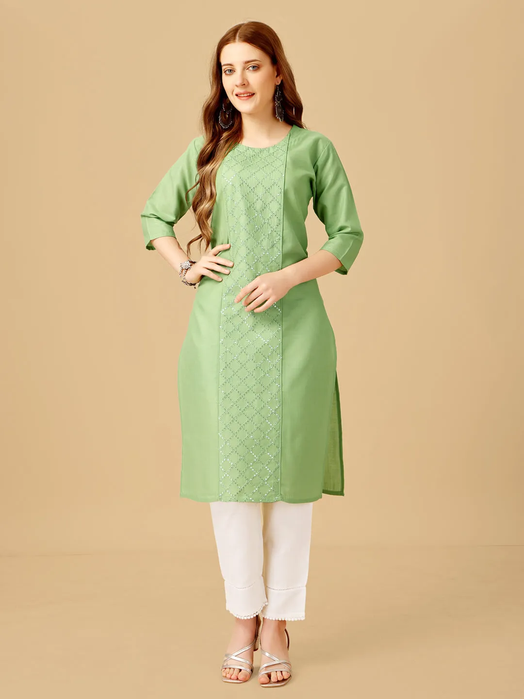 Lime Heavy Rayon Cotton with Embroidery Work Kurti Set