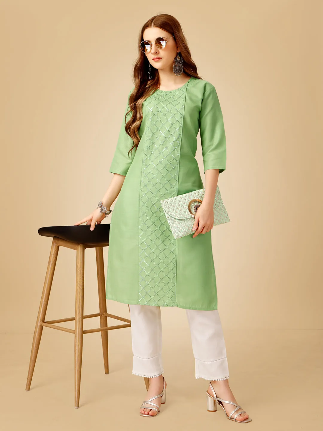Lime Heavy Rayon Cotton with Embroidery Work Kurti Set