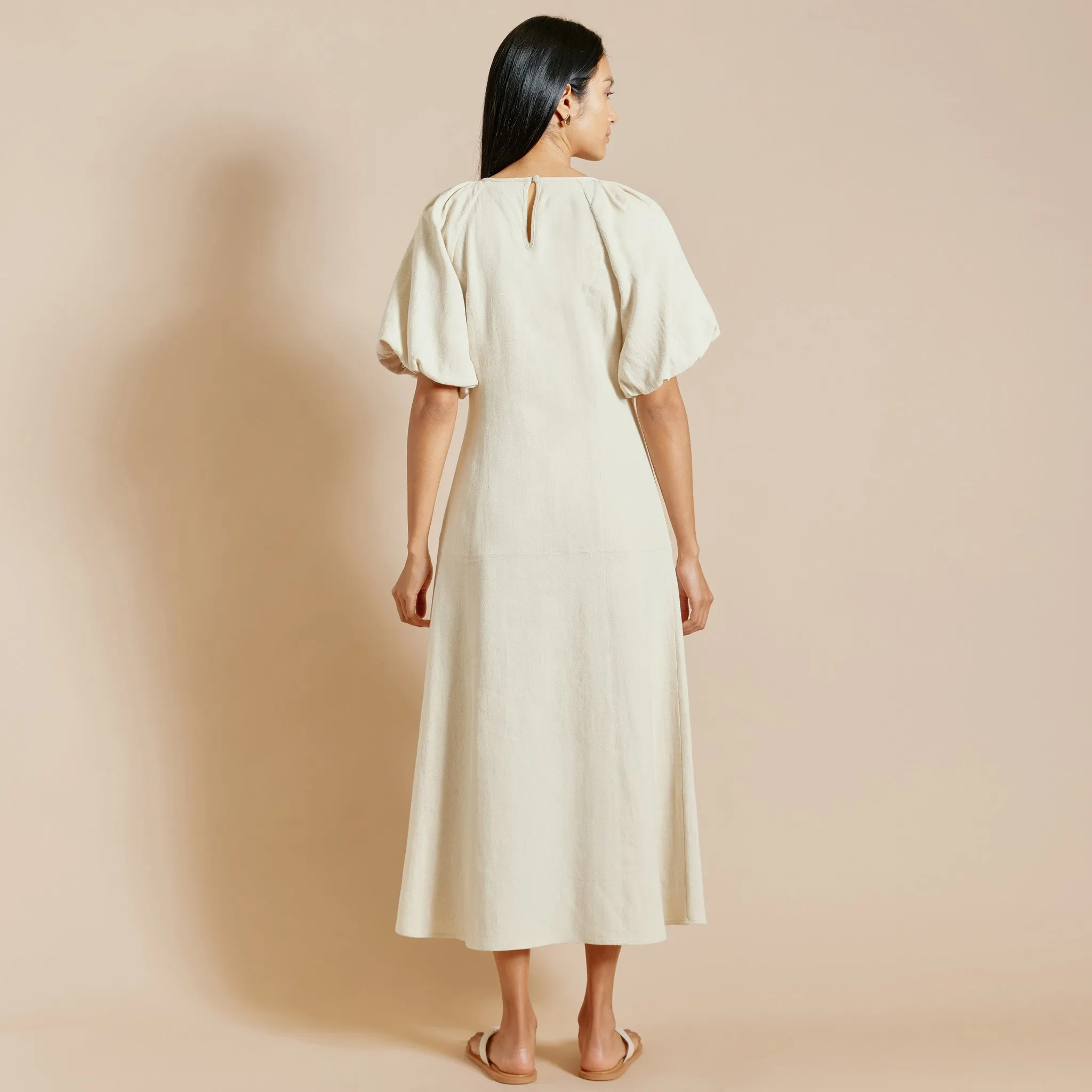 Linen Twill Puff Sleeve Dress