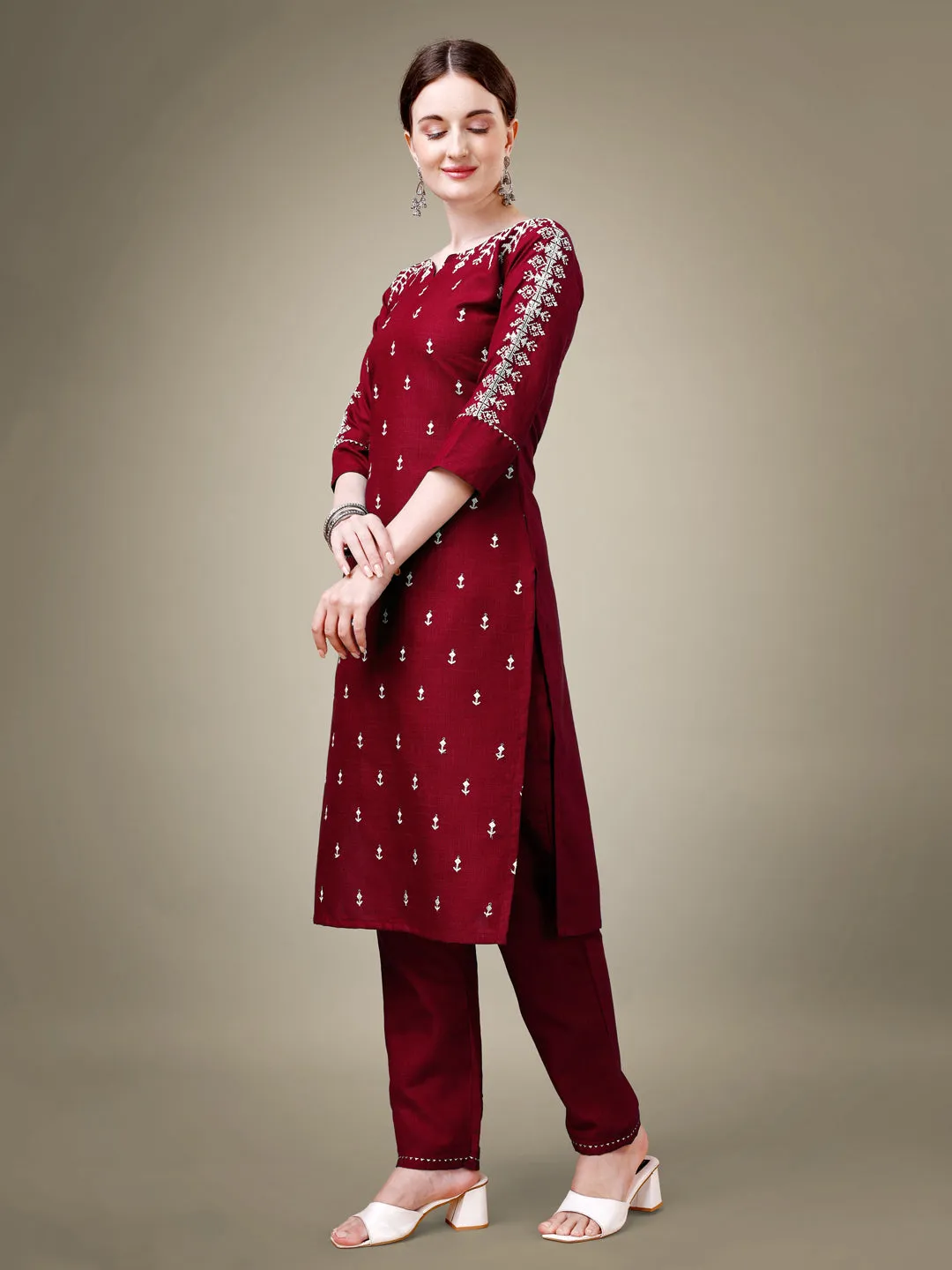 Maroon Heavy Cotton Blend with Embroidery Work Kurti Set