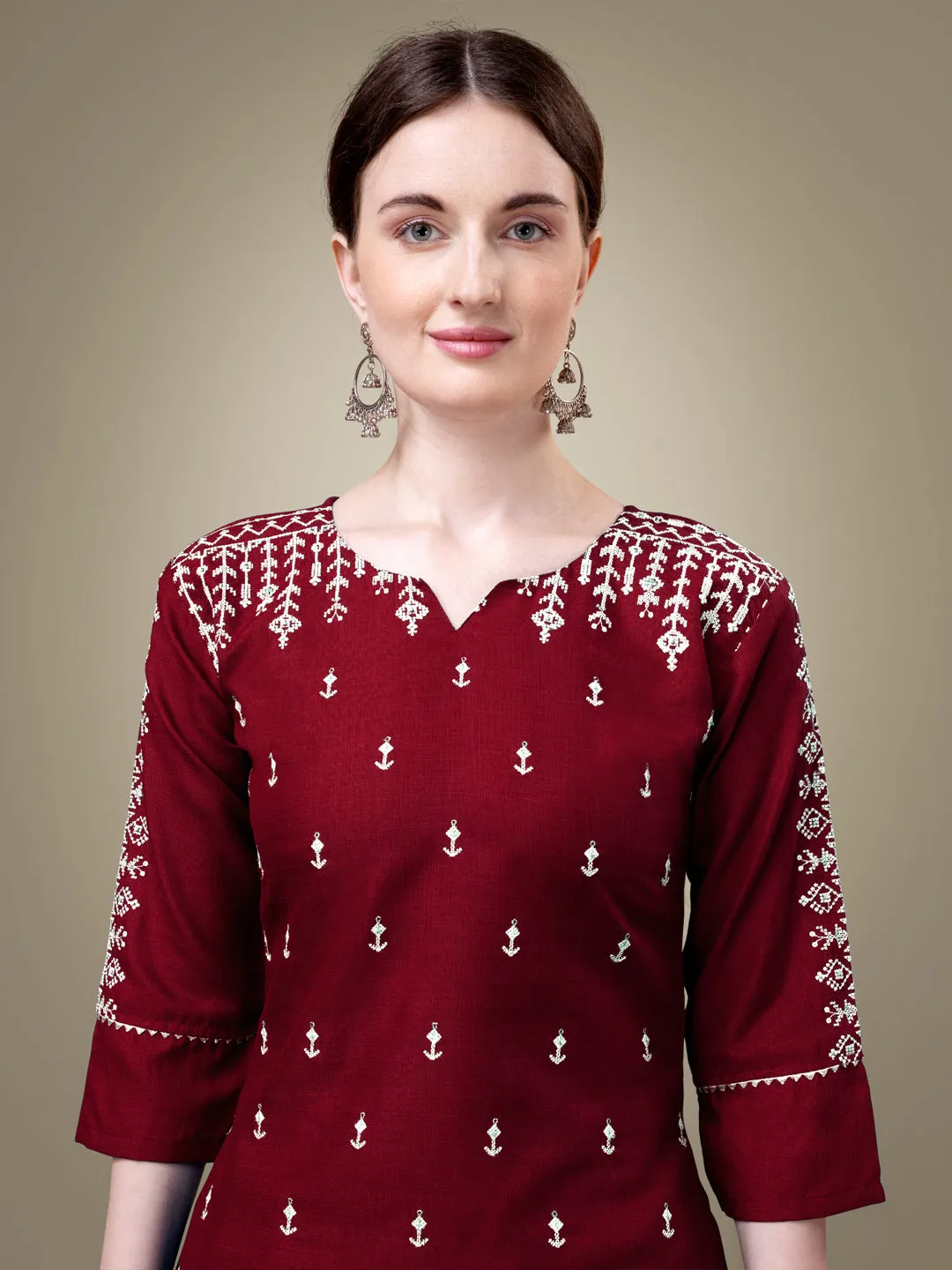 Maroon Heavy Cotton Blend with Embroidery Work Kurti Set