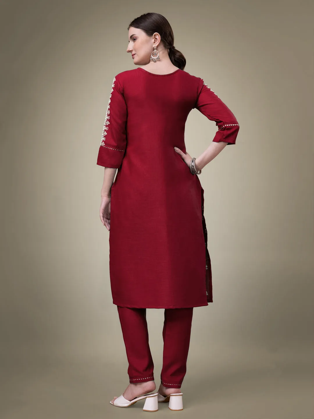 Maroon Heavy Cotton Blend with Embroidery Work Kurti Set