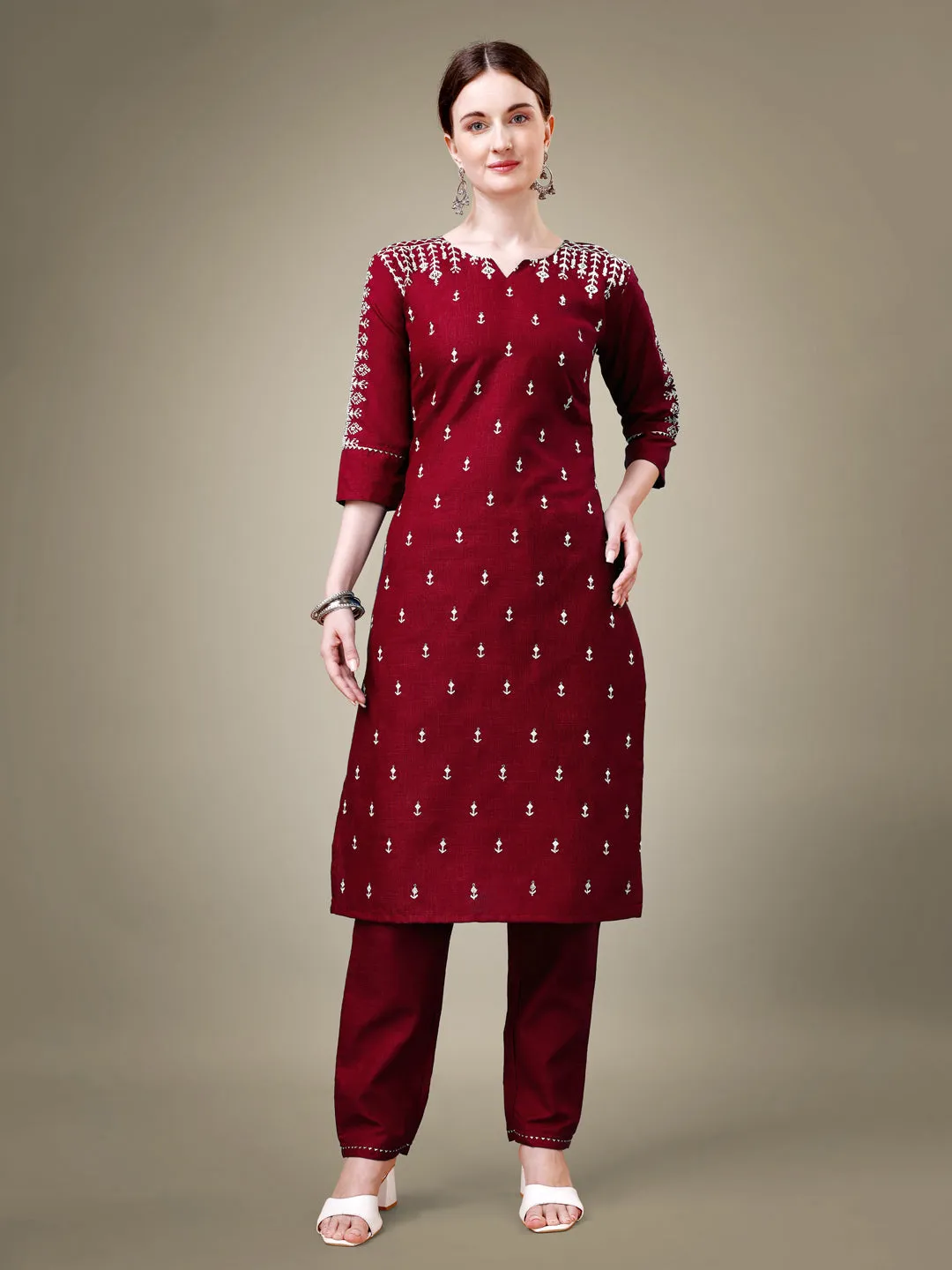 Maroon Heavy Cotton Blend with Embroidery Work Kurti Set