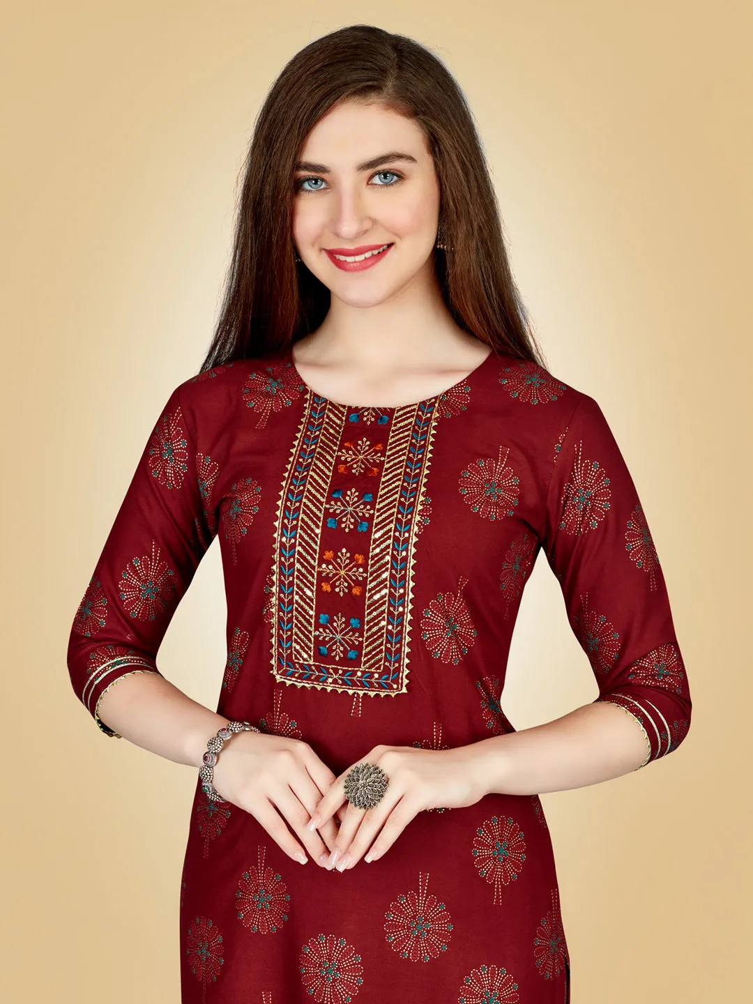 Maroon Heavy Rayon Cotton with Embroidery Work Kurti Set